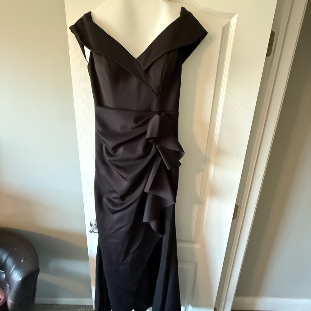 Xscape Strapless Black Dress with Ruffle Detail